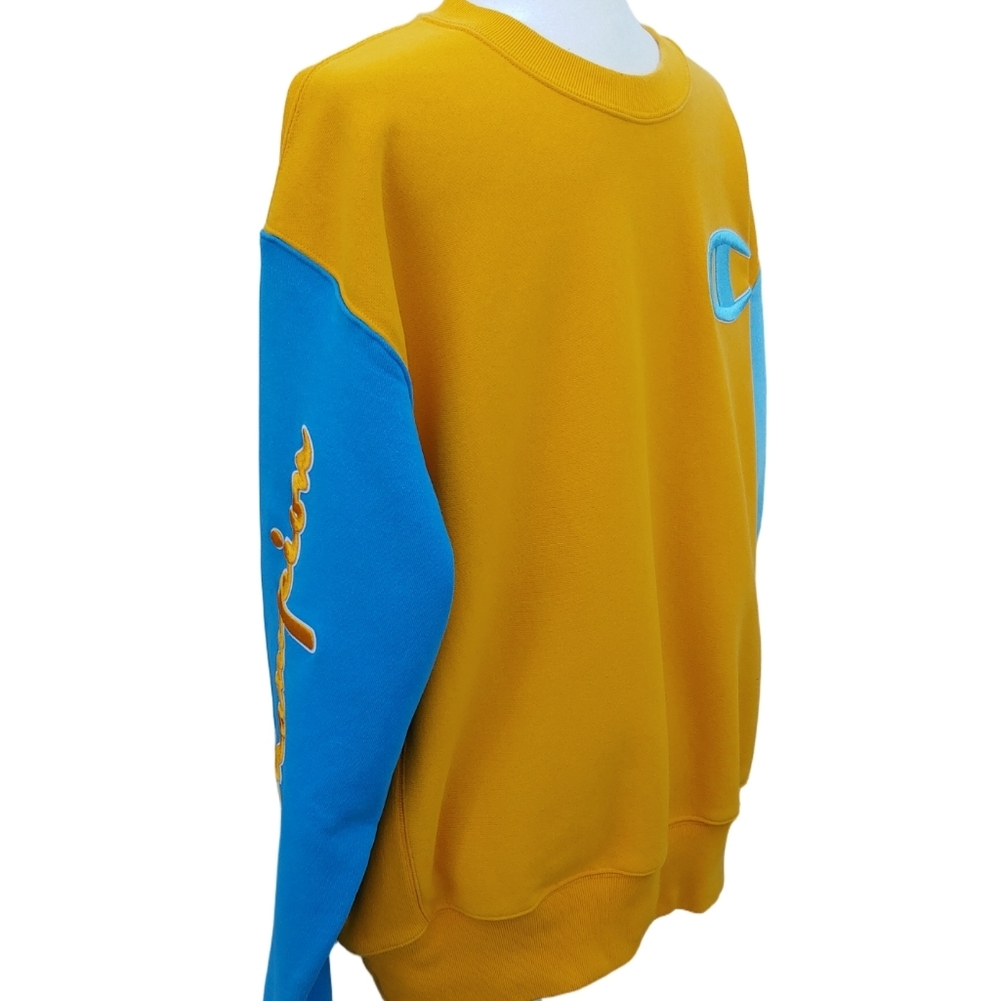 Champion Men's Embroidered Reverse Weave Crewneck in Mustard Teal size Large - Picture 13 of 15